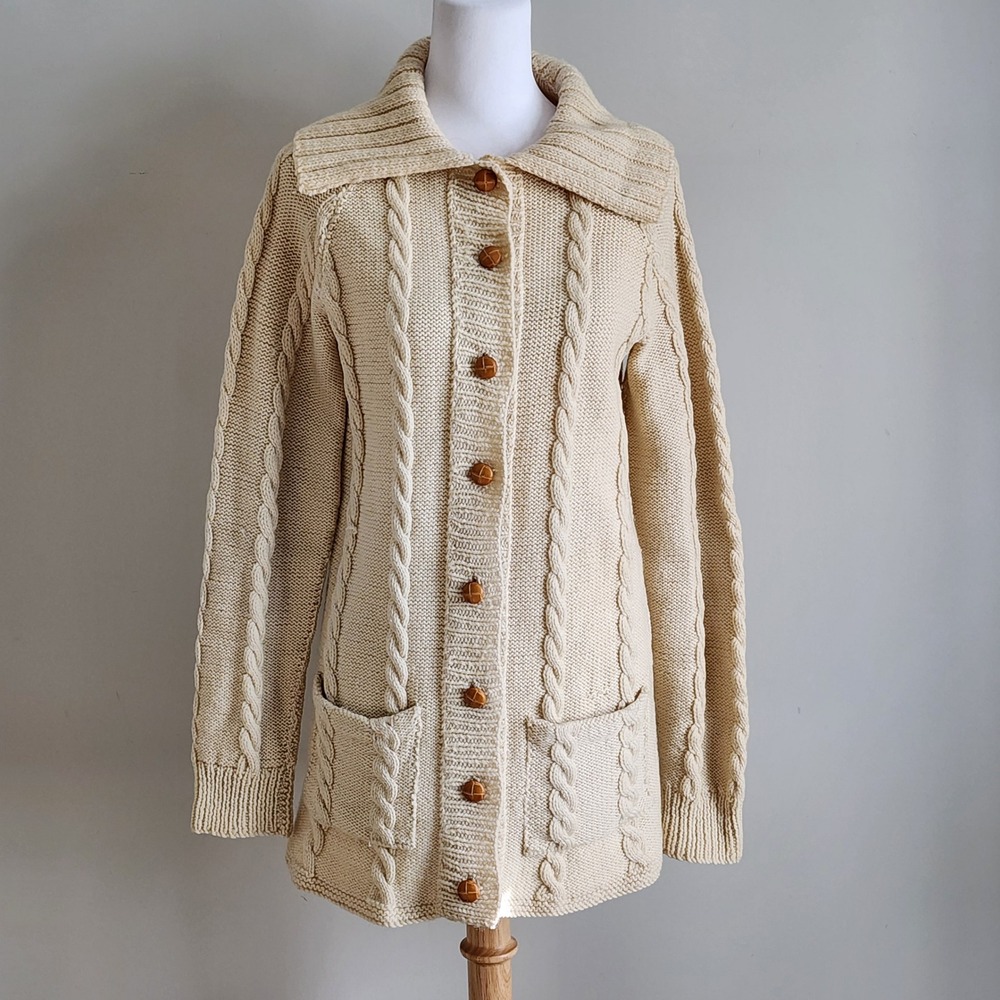 Vintage Aran Wool Cardigan Sweater Womens Small Cream Cable Knit Fisherman FLAWS